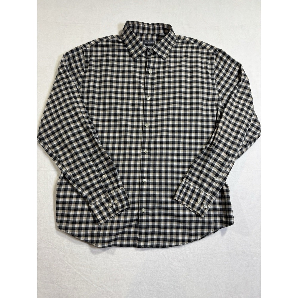 Van Heusen Never Tuck Men's L 16-16.5 Regular Fit Check Long Sleeve Collar Shirt